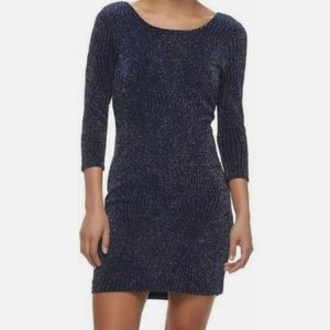 Three Pink Hearts Sparkle Glitter Navy Blue Open Back Bodycon Mini Party Dress